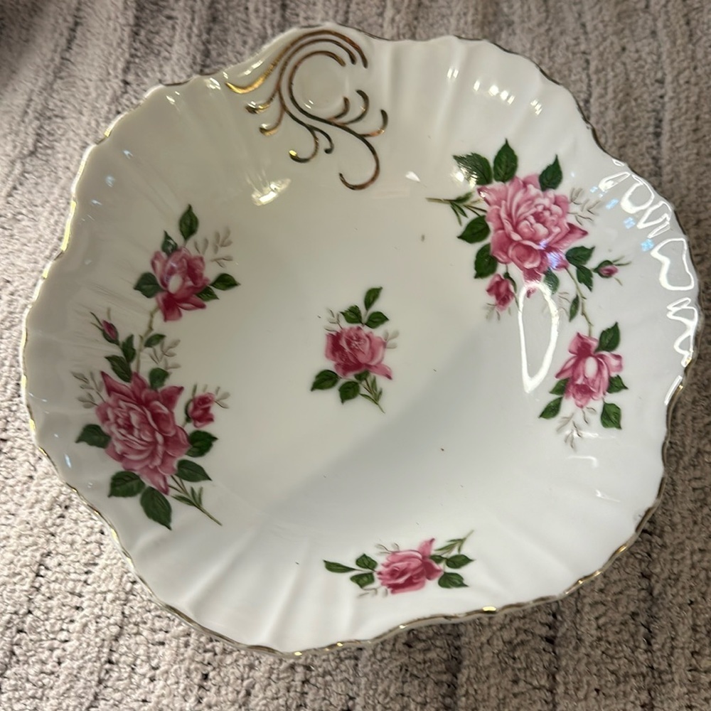 Vintage Pink Rose China Bowl with Gold Accents - Unmarked